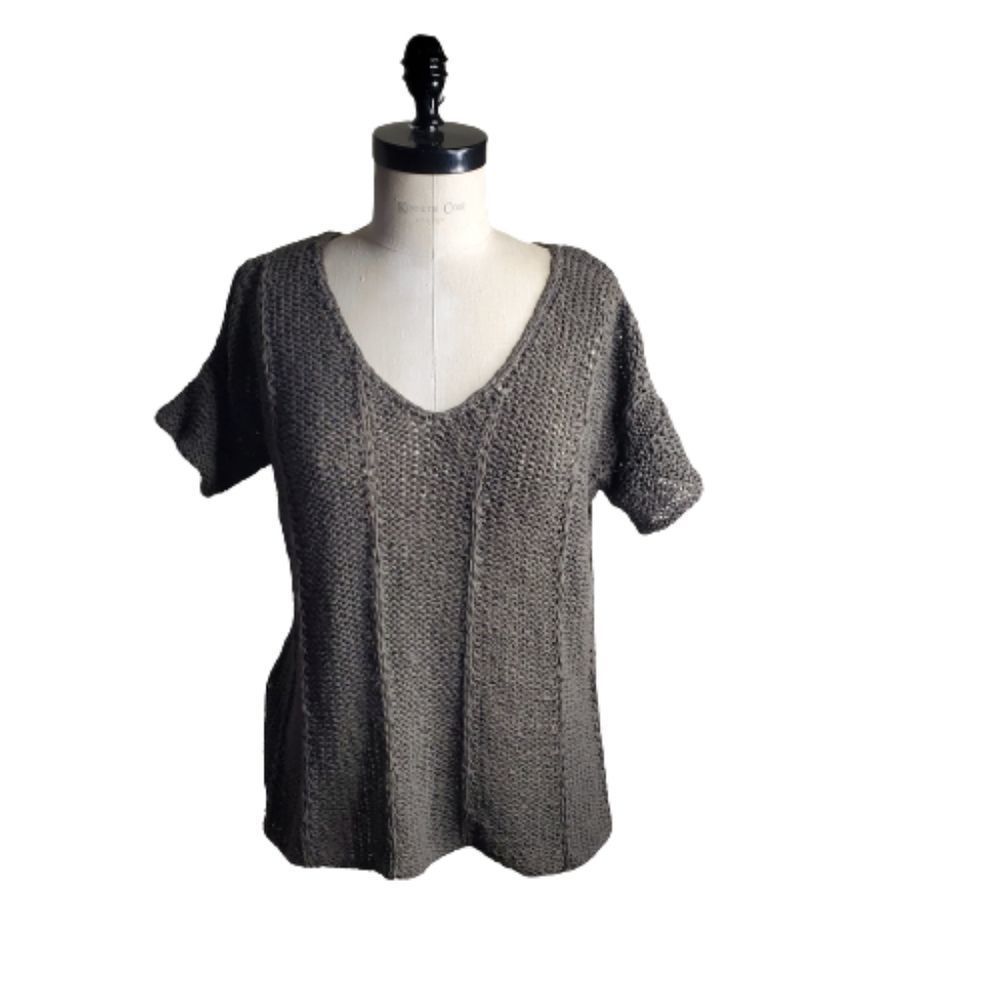 Vivienne Tam Brown Chunky Knit Top Short Sleeve Shirt Woven Size Small Boatneck